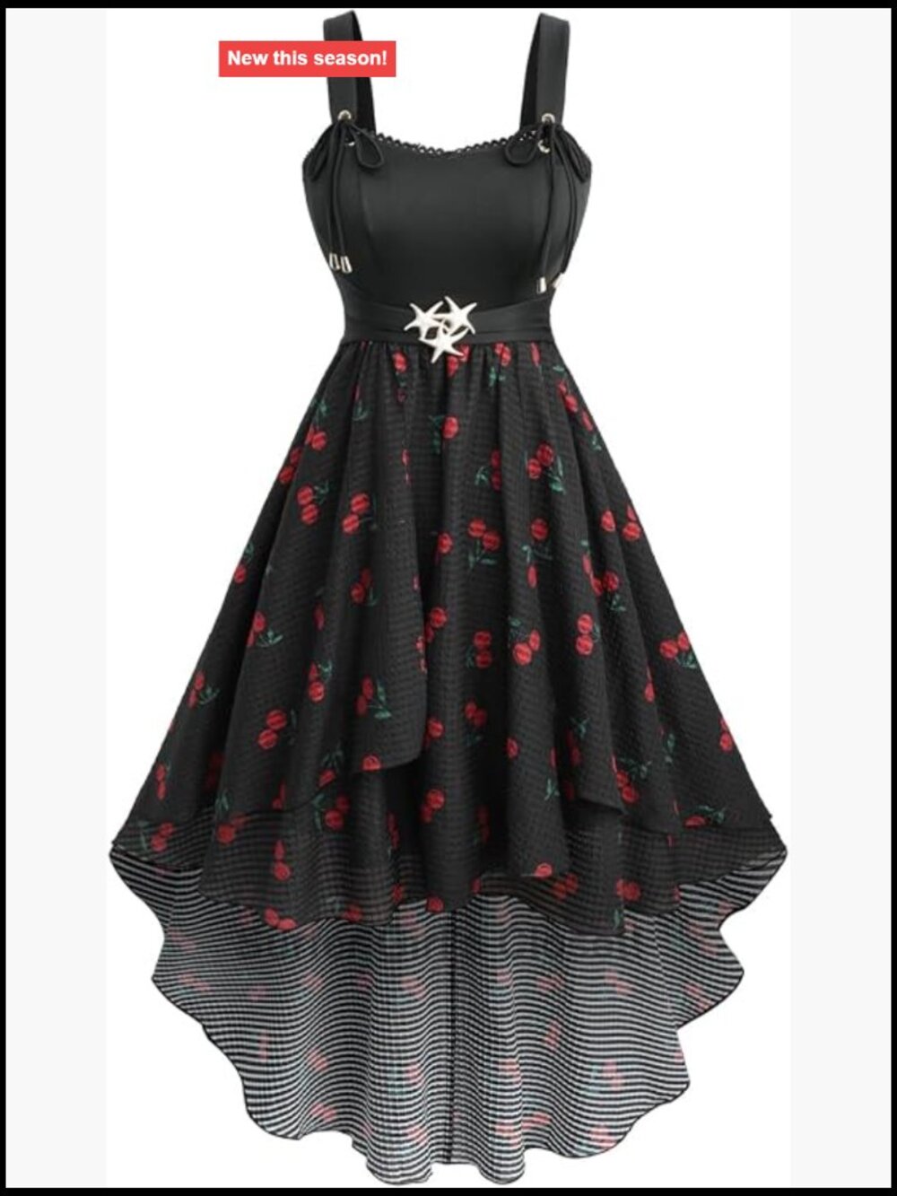 Women's High Low Tank Dress Cherry Print Lace Trim Sleeveless Casual